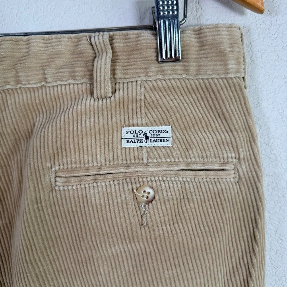 Vintage‎ Polo Ralph Lauren Corduroy Pants 35x32 Tan Double Pleated Straight Leg
